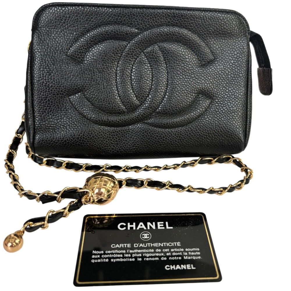 CHA-NEL CC Timeless Black Caviar Cosmetic Pouch on Chain w/ auth card